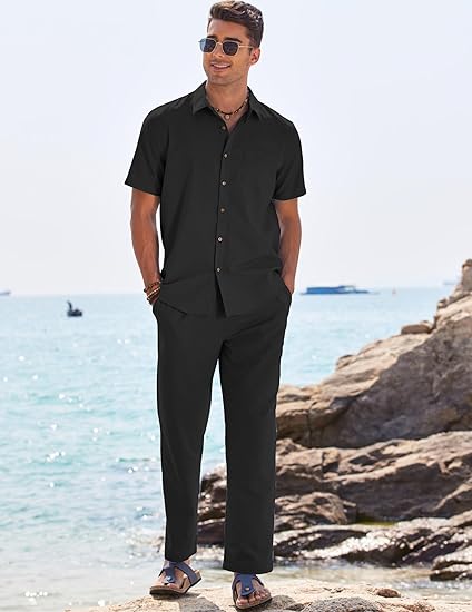 Black Short-Sleeve Shirt with Black Linen Pants and Brown Sandals 